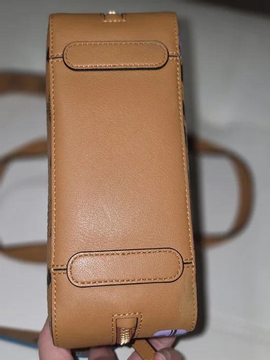 MCM Cognac Leather Dome Satchel with Blue & Teal Artistic Print - Picture 2 of 5